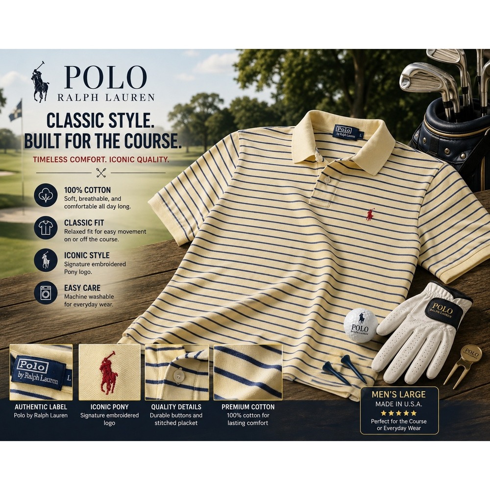 Polo Ralph Lauren Men's Yellow Blue Striped Polo Shirt Large L 100% Cotton